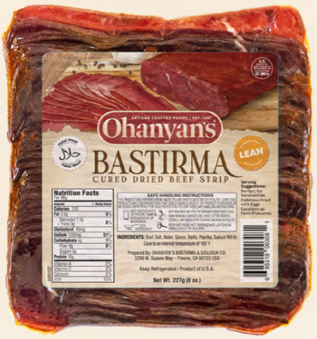 Bastirma-Cured dried beef SLICED Strips, approx. 0.5lb - Parthenon Foods