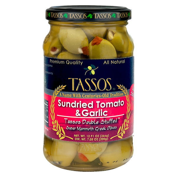Greek Olives Stuffed with Sundried Tomato and Garlic (Tassos) 12.9 oz
