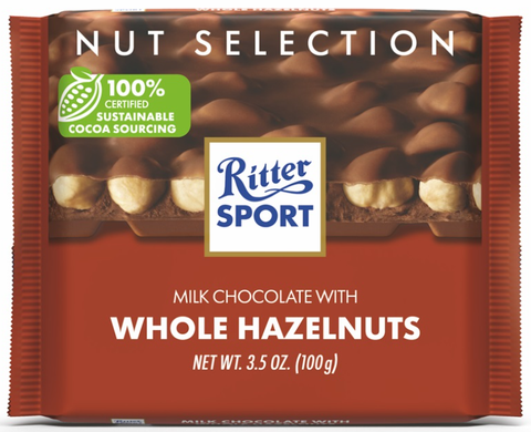 Ritter Sport Milk Chocolate with Whole Hazelnuts, 100g