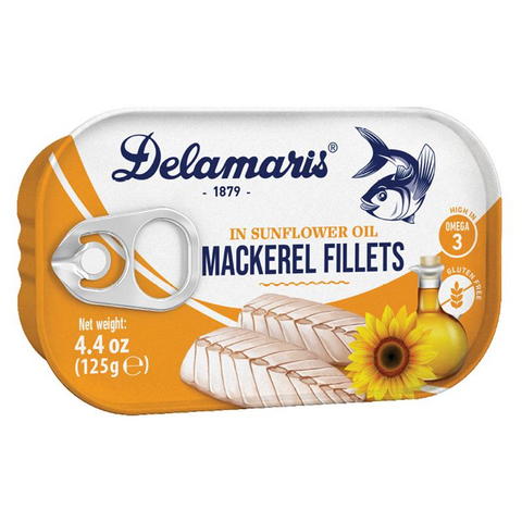Mackerel Fillets in Sunflower Oil, (Delamaris) 125g (4.4oz) - Parthenon Foods