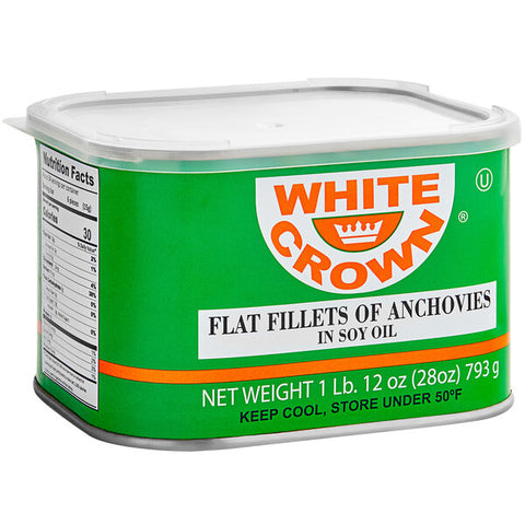 Anchovies, Flat Fillets in Soya Oil (White Crown) 28oz (793g) - Parthenon Foods