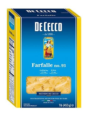Bow Tie Pasta, Farfalle #93 (DE CECCO) 1 lb (454g) - Parthenon Foods