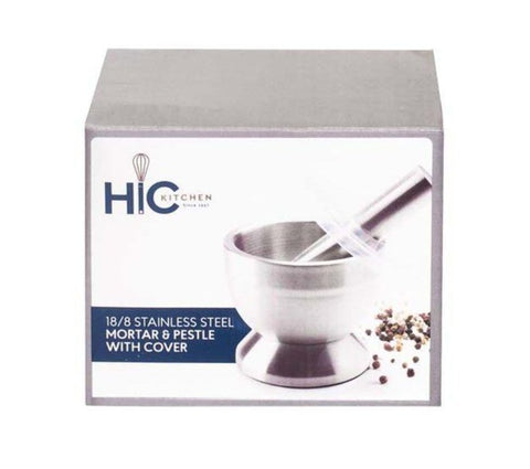 HIC Stainless Steel Mortal and Pestle with Cover, 3.5 x 4 in. - Parthenon Foods