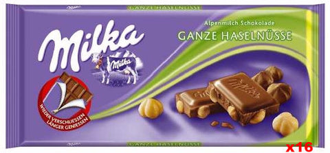 Milka Milk Chocolate-Whole Hazelnuts, CASE (17 x 100g) - Parthenon Foods