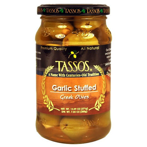 Greek Olives Stuffed with Garlic (Tassos) 13.09 oz - Parthenon Foods