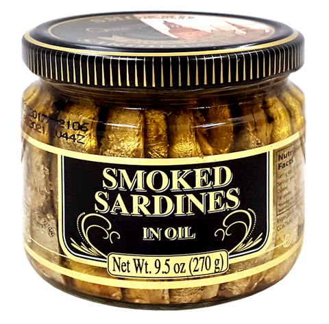 Riga Gold Smoked Sardines in Oil, 270g Jar or Old Riga - Parthenon Foods