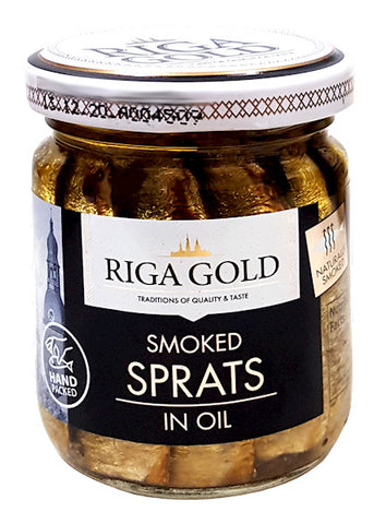 Riga Gold Smoked Sprats in Oil, 100g Jar or Old Riga - Parthenon Foods
