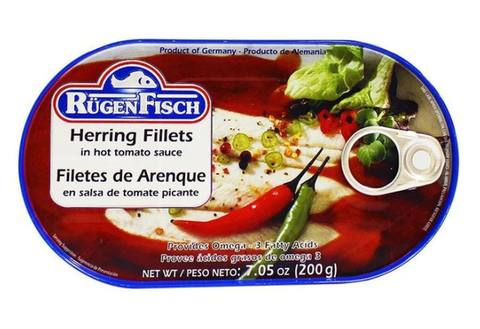 Herring Fillets in HOT Tomato Sauce (RugenFisch) 200g - Parthenon Foods