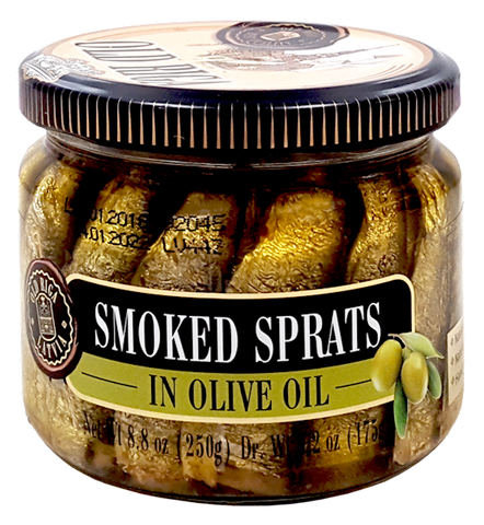 Old Riga Smoked Sprats in Olive Oil, 250g Jar, or Riga Gold - Parthenon Foods