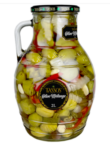 Greek Stuffed Olives Designer Glass Jar (Tassos) 2 Kg - Parthenon Foods