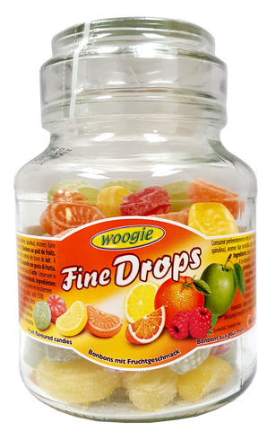 Fine Drops Fruit Flavored Candies (Woogie) 10.58 oz (300g) Jar - Parthenon Foods